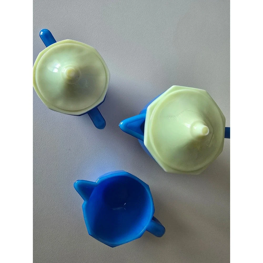 Vintage Blue Milk Glass Creamer Sugar Bowl Set Kitchen Decor Cute‎